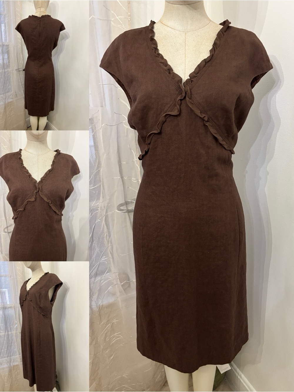 Anne Klein Chocolate Brown Ruffle-Trim Midi Dress